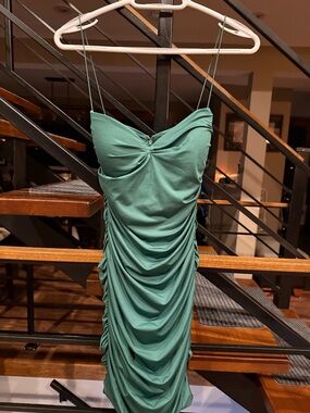 Oh Polly! Green Ruched Spaghetti-Strap Dress